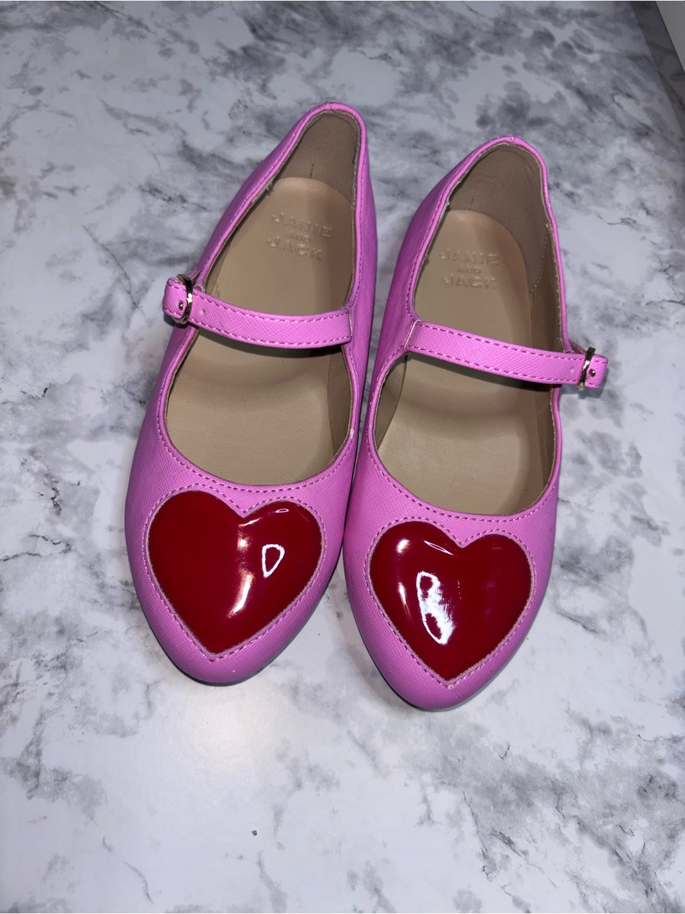 Janie and Jack Pink Mary Janes with Red Heart Detail